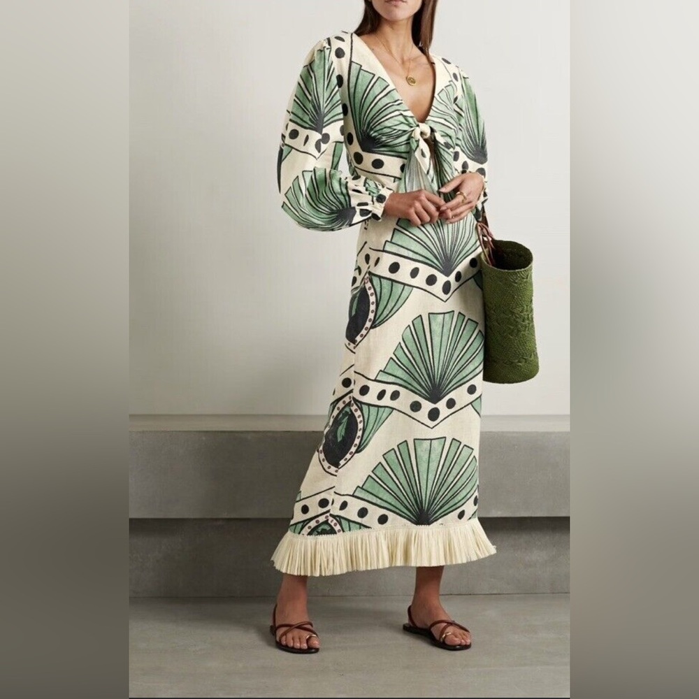 Johanna Ortiz Mother Continent Raffia Fringe Midi Dress